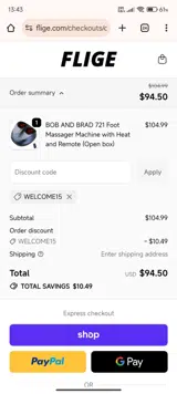 WELCOME15 coupon verification screenshot