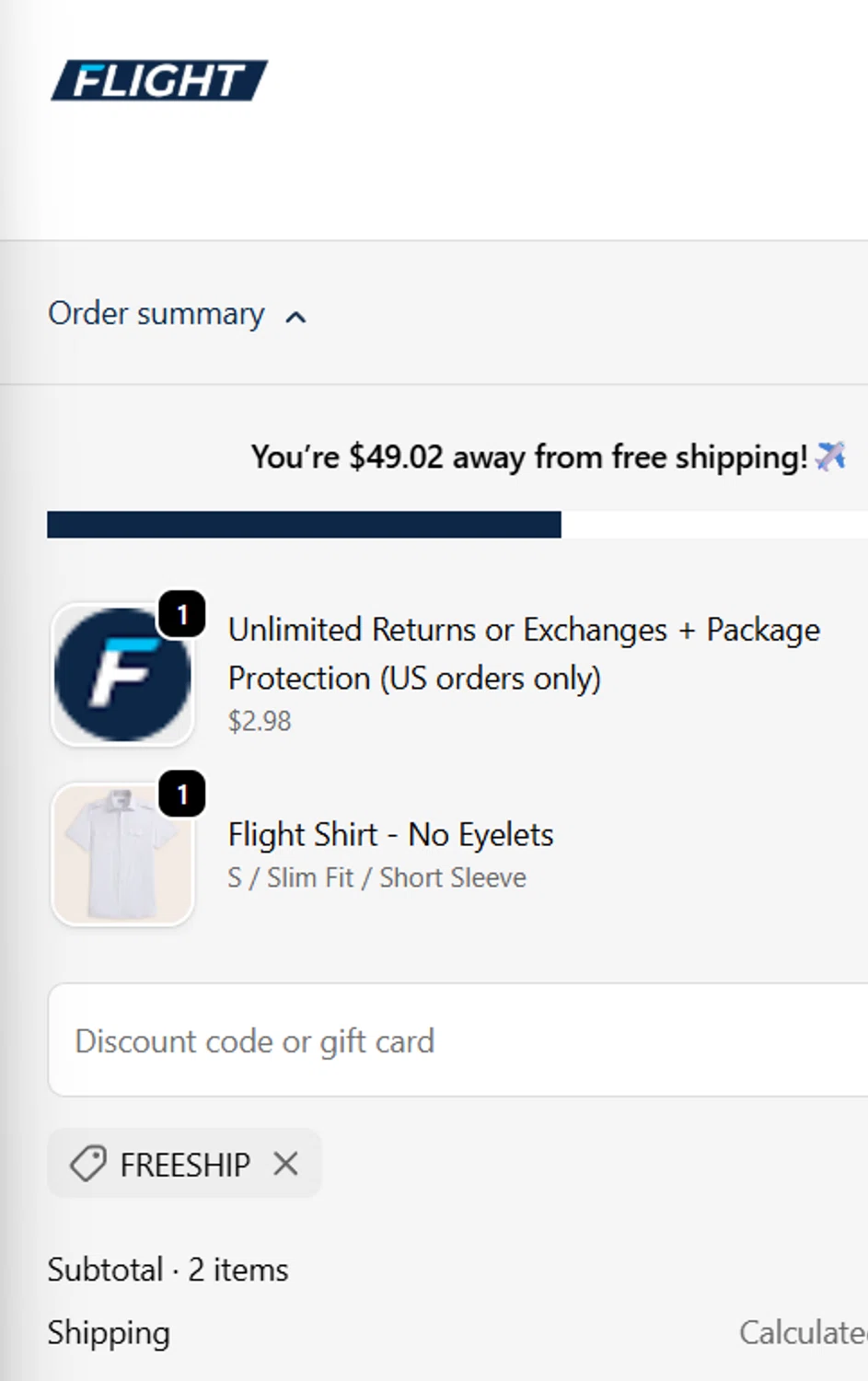 Flight coupon code screenshot showing code FREESHIP applied at Flight checkout page. Uploaded by SimplyCodes community member CleverLynx5188 on Nov 6, 2025