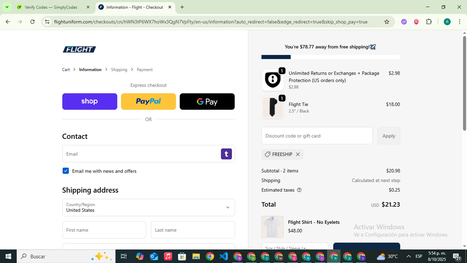 Flight coupon code screenshot showing code FREESHIP applied at Flight checkout page. Uploaded by SimplyCodes community member SavingsLegend387 on Oct 8, 2025