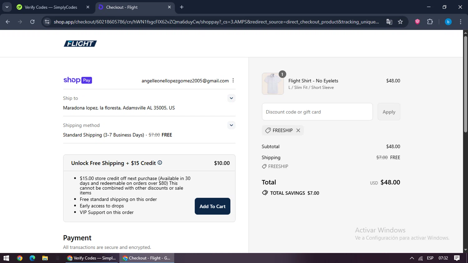 Flight coupon code screenshot showing code FREESHIP applied at Flight checkout page. Uploaded by SimplyCodes community member bilijr on Aug 11, 2025