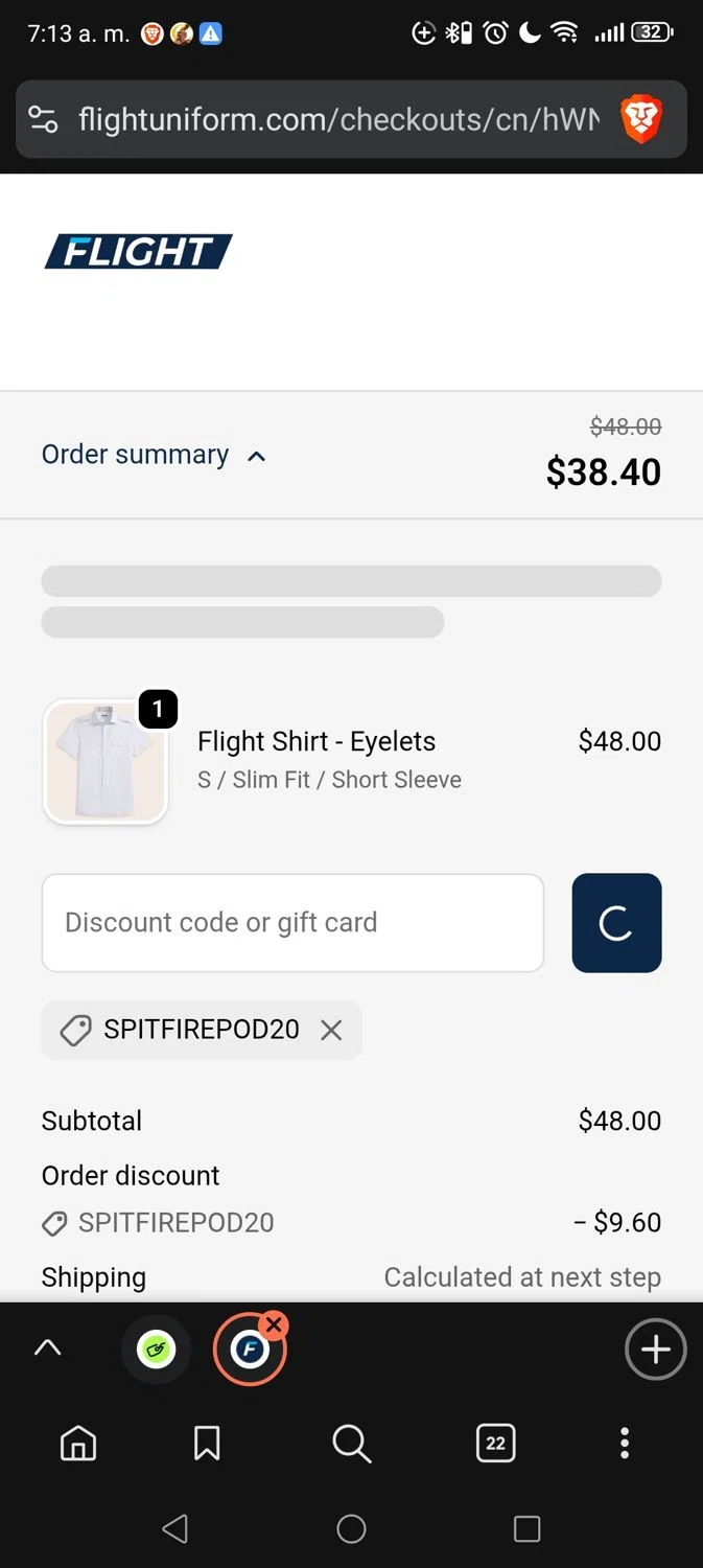 Flight coupon code screenshot showing code SPITFIREPOD20 applied at Flight checkout page. Uploaded by SimplyCodes community member Minatonamekaze on Nov 6, 2025