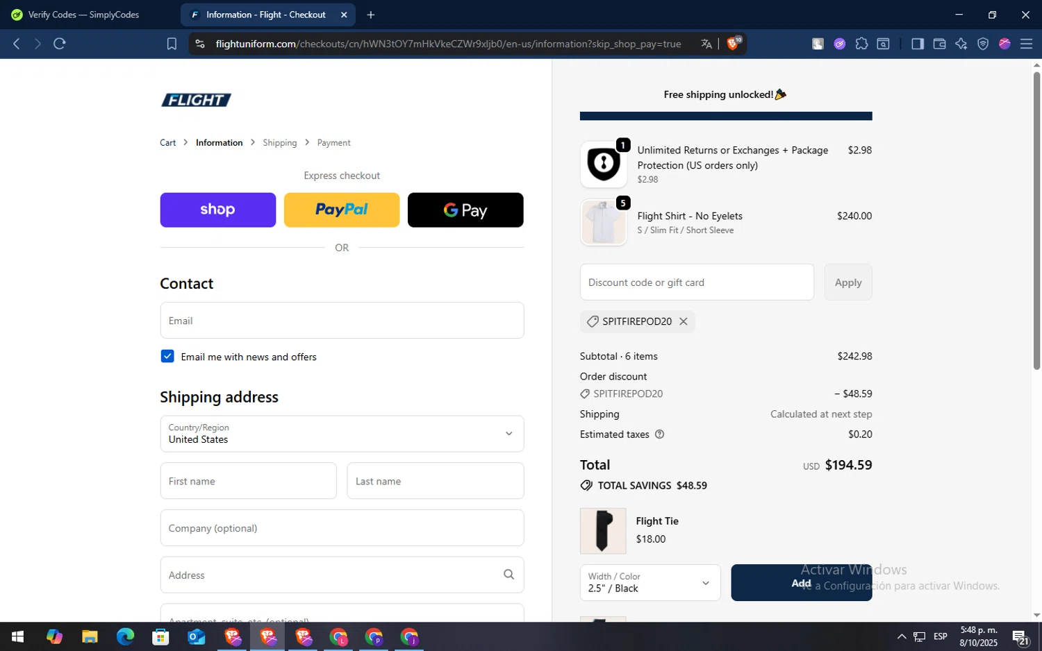 Flight coupon code screenshot showing code SPITFIREPOD20 applied at Flight checkout page. Uploaded by SimplyCodes community member TokenSaver1205 on Oct 8, 2025