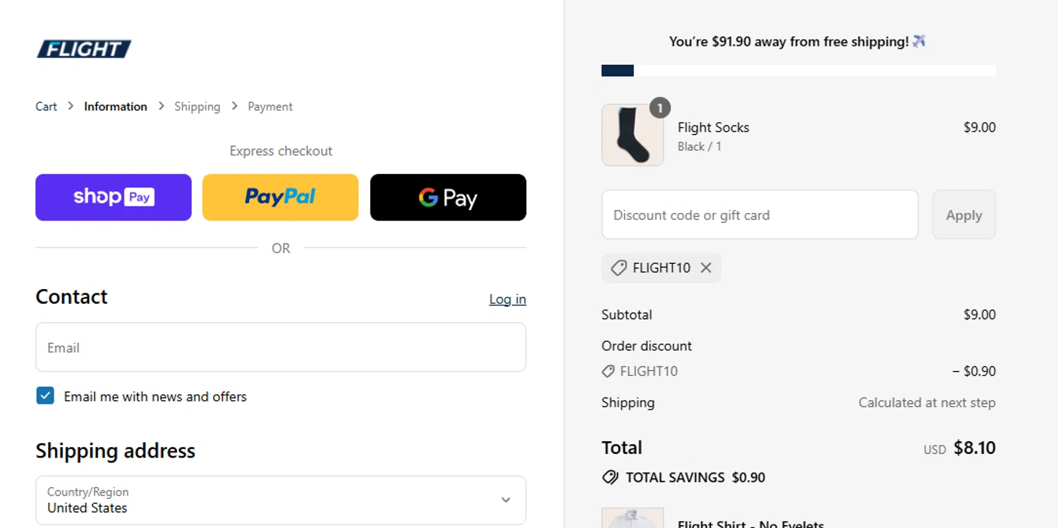 Flight coupon code screenshot showing code FLIGHT10 applied at Flight checkout page. Uploaded by SimplyCodes community member salemigajera on Jul 13, 2025