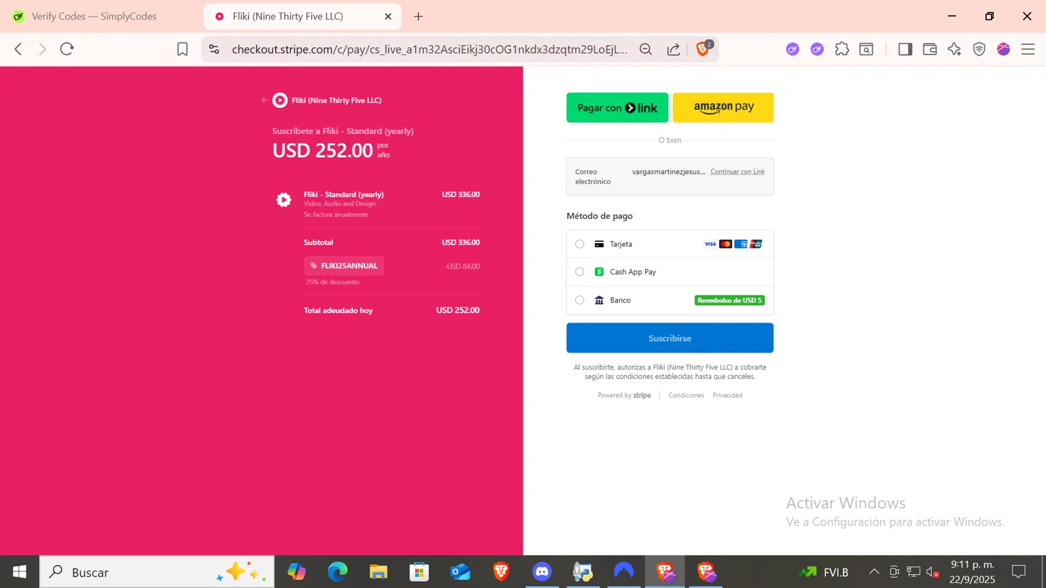 Fliki promo code screenshot showing code FLIKI25ANNUAL applied at Fliki checkout page. Uploaded by SimplyCodes community member CODMOBILE1 on Sep 23, 2025