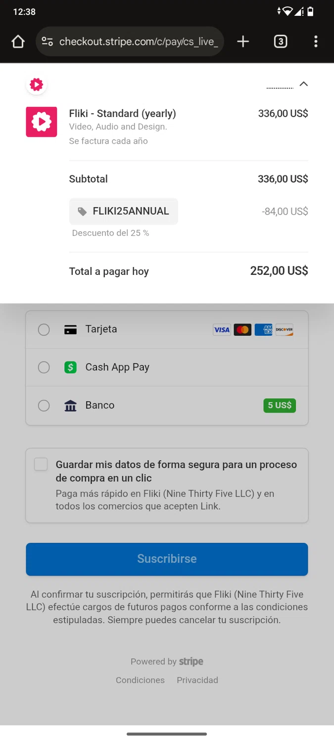 Fliki promo code screenshot showing code FLIKI25ANNUAL applied at Fliki checkout page. Uploaded by SimplyCodes community member jesusalejandro on May 12, 2025
