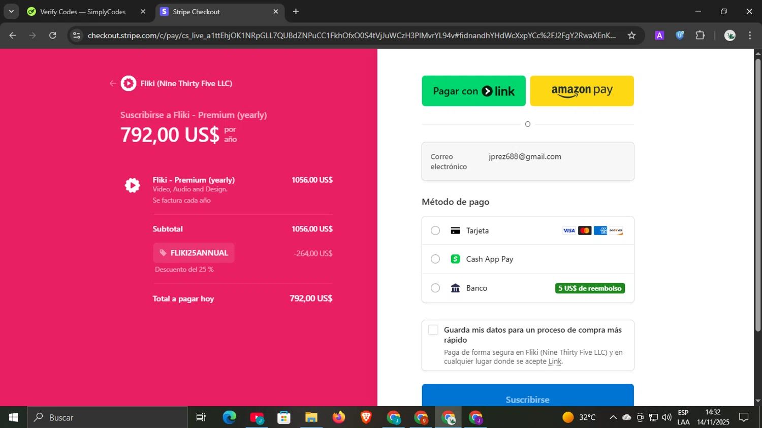 Fliki promo code screenshot showing code FLIKI25ANNUAL applied at Fliki checkout page. Uploaded by SimplyCodes community member underwater on Nov 14, 2025