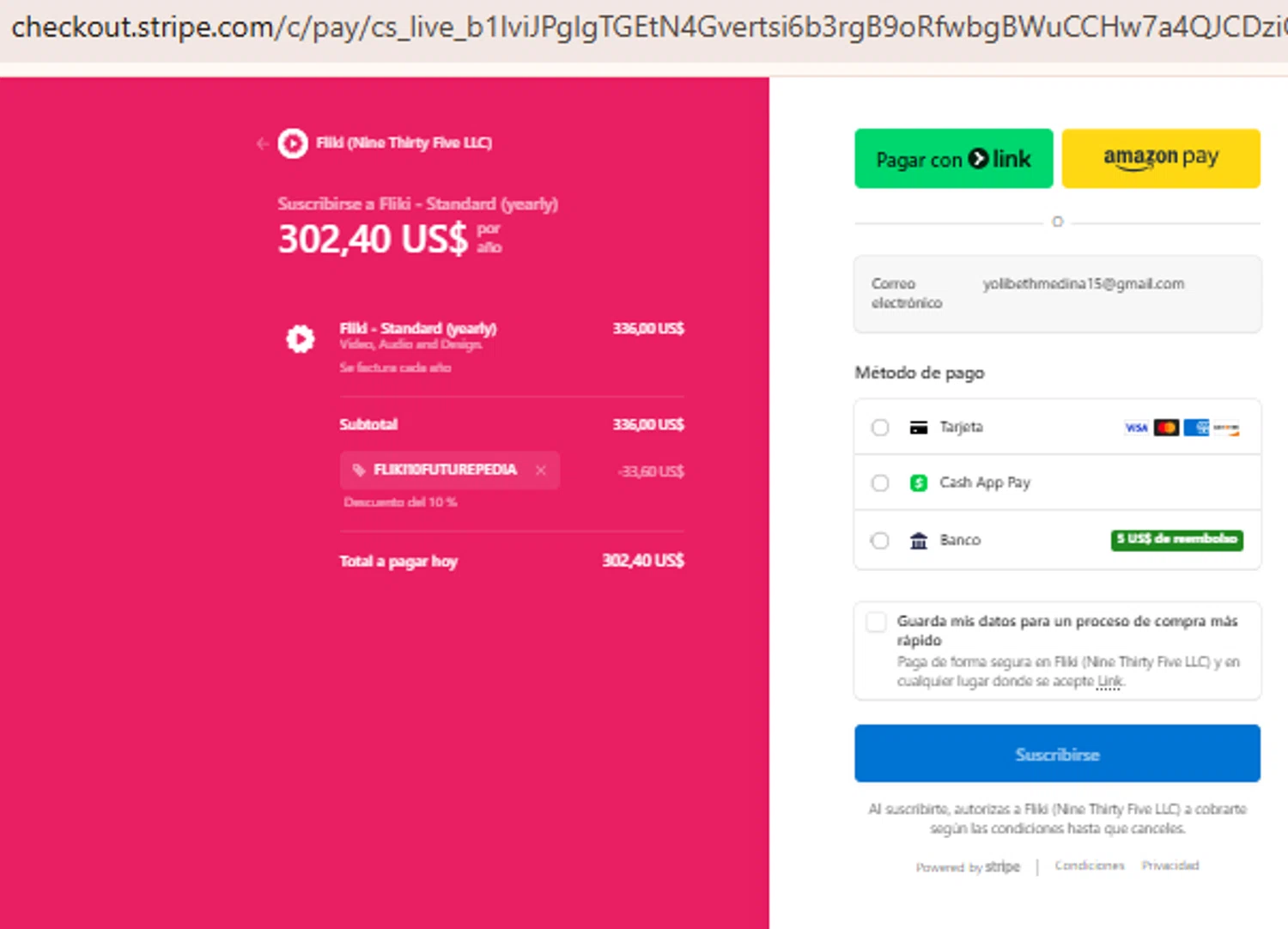 Fliki promo code screenshot showing code FLIKI10FUTUREPEDIA applied at Fliki checkout page. Uploaded by SimplyCodes community member BudgetLion5814 on Nov 30, 2025