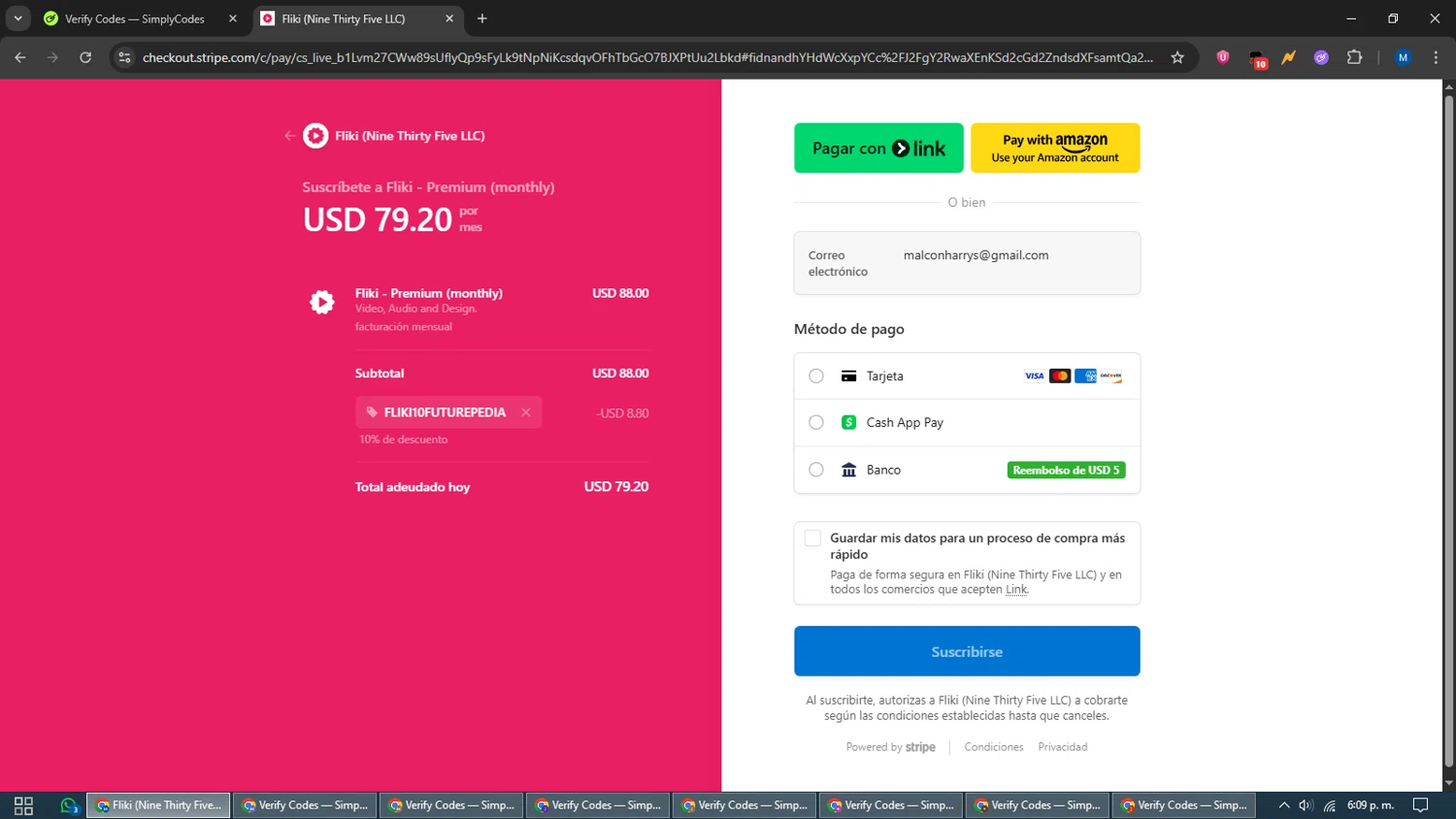 Fliki promo code screenshot showing code FLIKI10FUTUREPEDIA applied at Fliki checkout page. Uploaded by SimplyCodes community member EpicVoyager2820 on Oct 3, 2025
