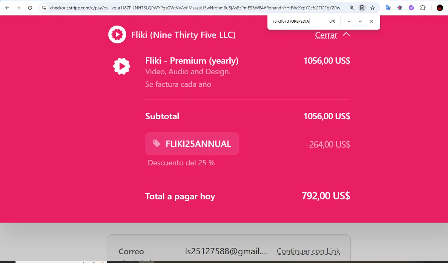 Fliki promo code screenshot showing code FLIKI10FUTUREPEDIA applied at Fliki checkout page. Uploaded by SimplyCodes community member Francisco01 on Jan 27, 2026