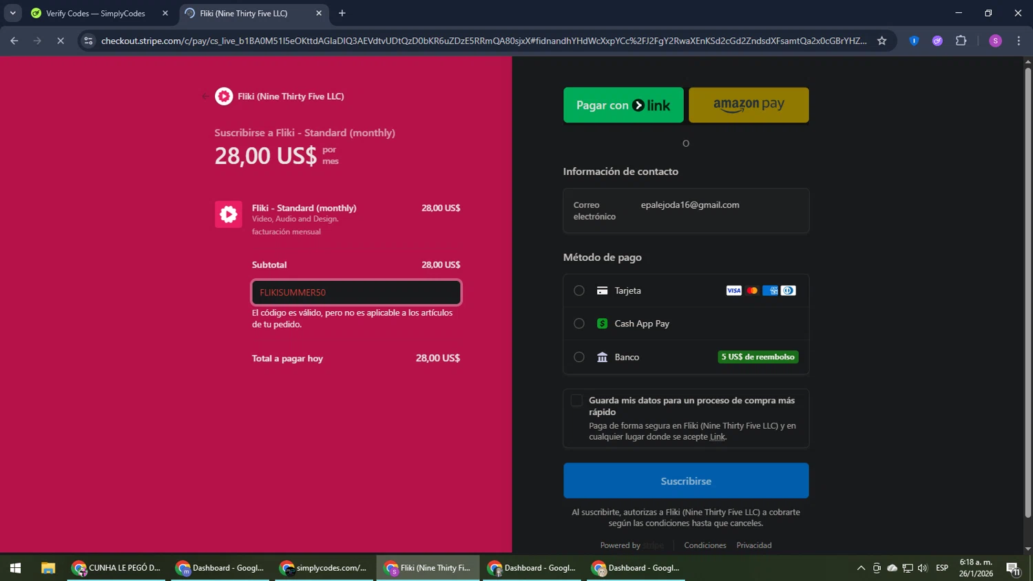 Fliki promo code screenshot showing code FLIKISUMMER50 applied at Fliki checkout page. Uploaded by SimplyCodes community member Son_Goku on Jan 26, 2026