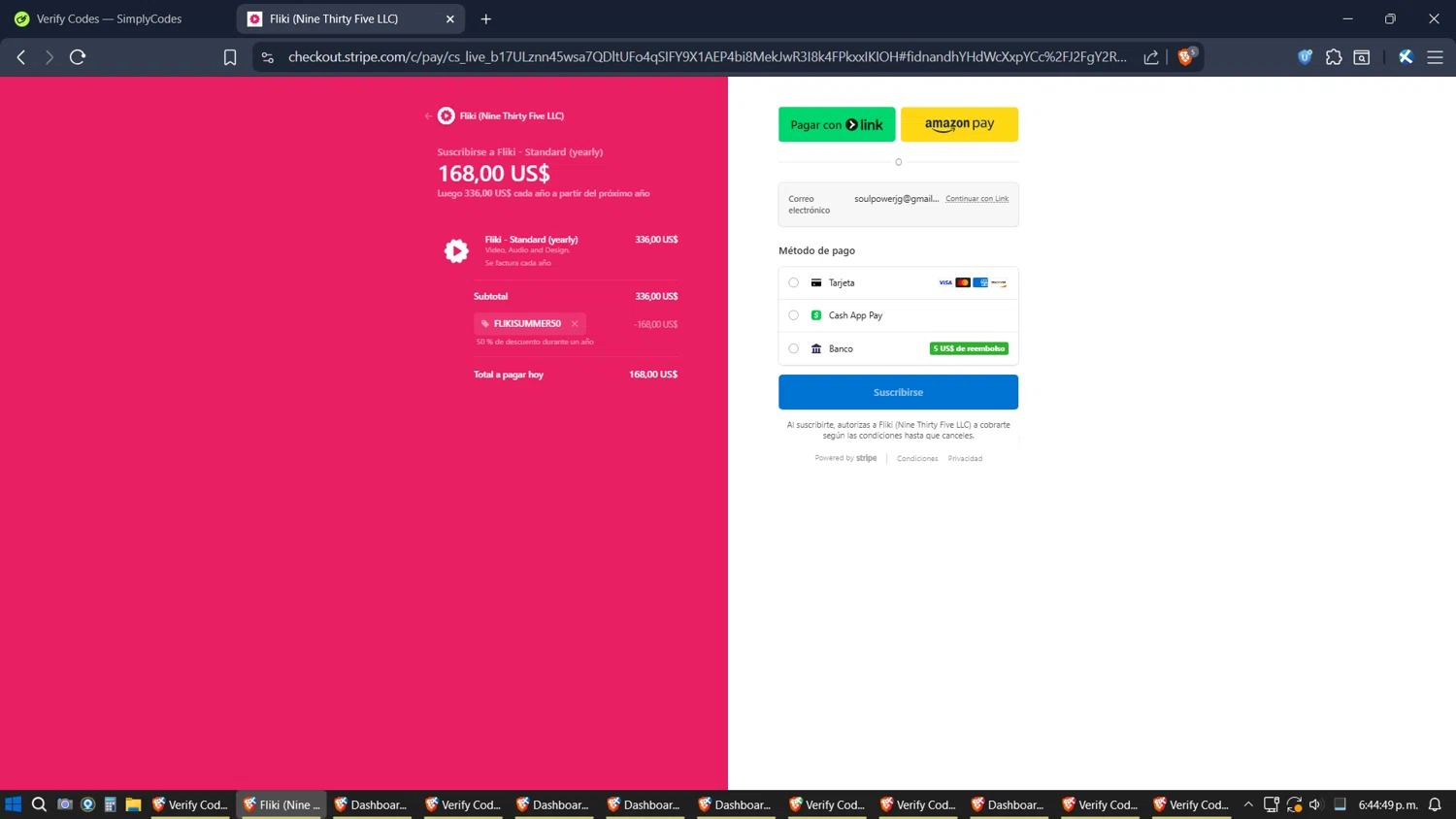 Fliki promo code screenshot showing code FLIKISUMMER50 applied at Fliki checkout page. Uploaded by SimplyCodes community member verifier_983798000 on Oct 30, 2025