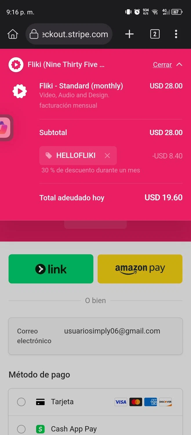 Fliki promo code screenshot showing code HELLOFLIKI applied at Fliki checkout page. Uploaded by SimplyCodes community member GumballWatterson on Sep 23, 2025