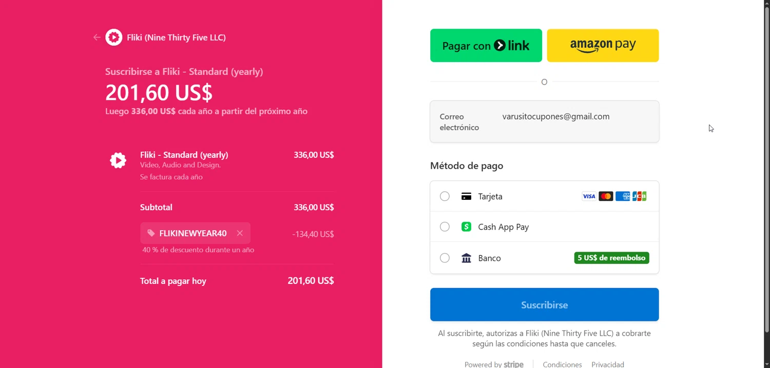 Fliki promo code screenshot showing code FLIKINEWYEAR40 applied at Fliki checkout page. Uploaded by SimplyCodes community member Enmanuel99 on Dec 27, 2025