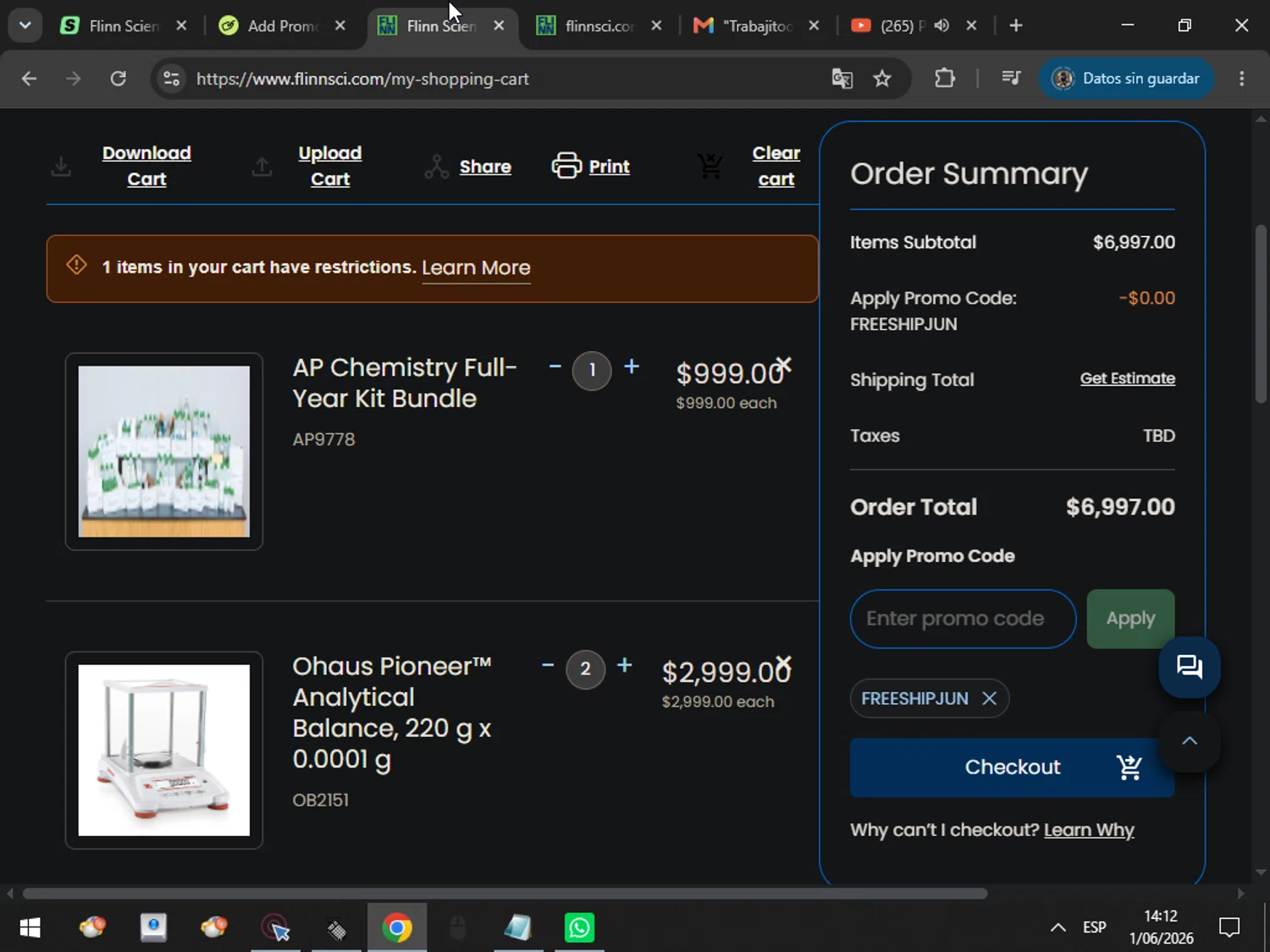 Flinn Scientific promo code screenshot showing code FREESHIPJUN applied at Flinn Scientific checkout page. Uploaded by SimplyCodes community member MarcosAranguren on Jun 1, 2026