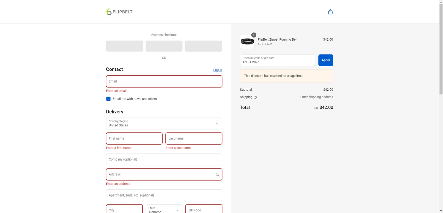FlipBelt promo code screenshot showing code 15OFF2025 applied at FlipBelt checkout page. Uploaded by SimplyCodes community member DiscountWarden480 on Aug 15, 2025