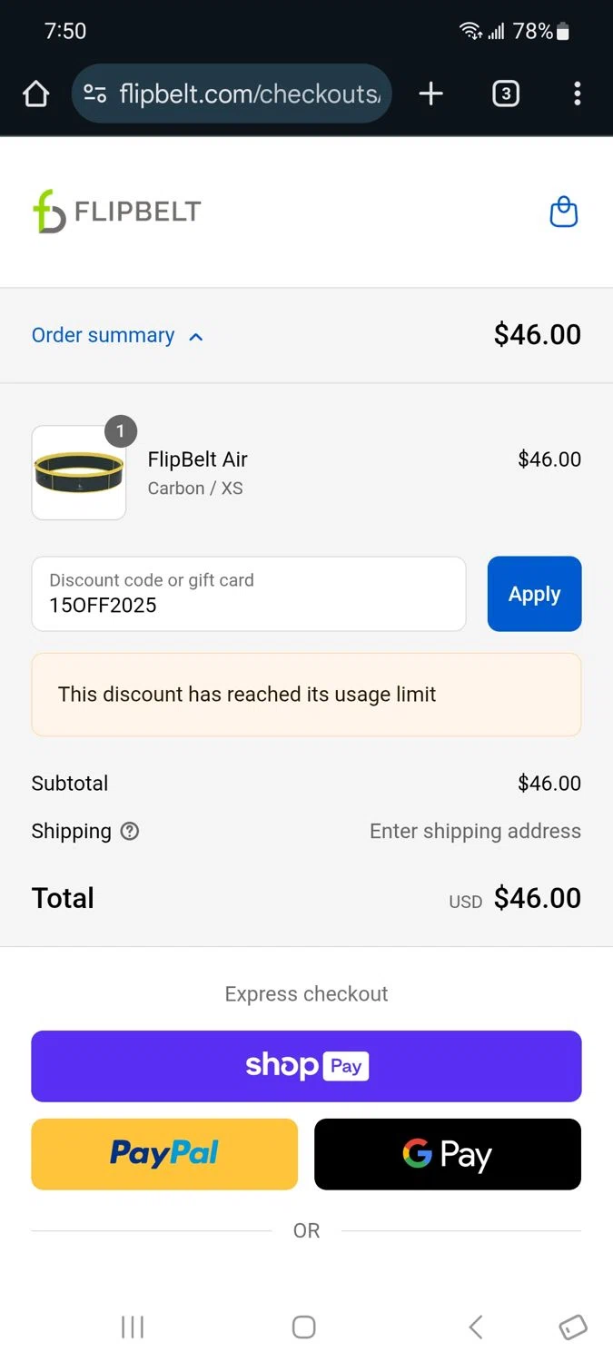 FlipBelt promo code screenshot showing code 15OFF2025 applied at FlipBelt checkout page. Uploaded by SimplyCodes community member Milaya on Aug 15, 2025