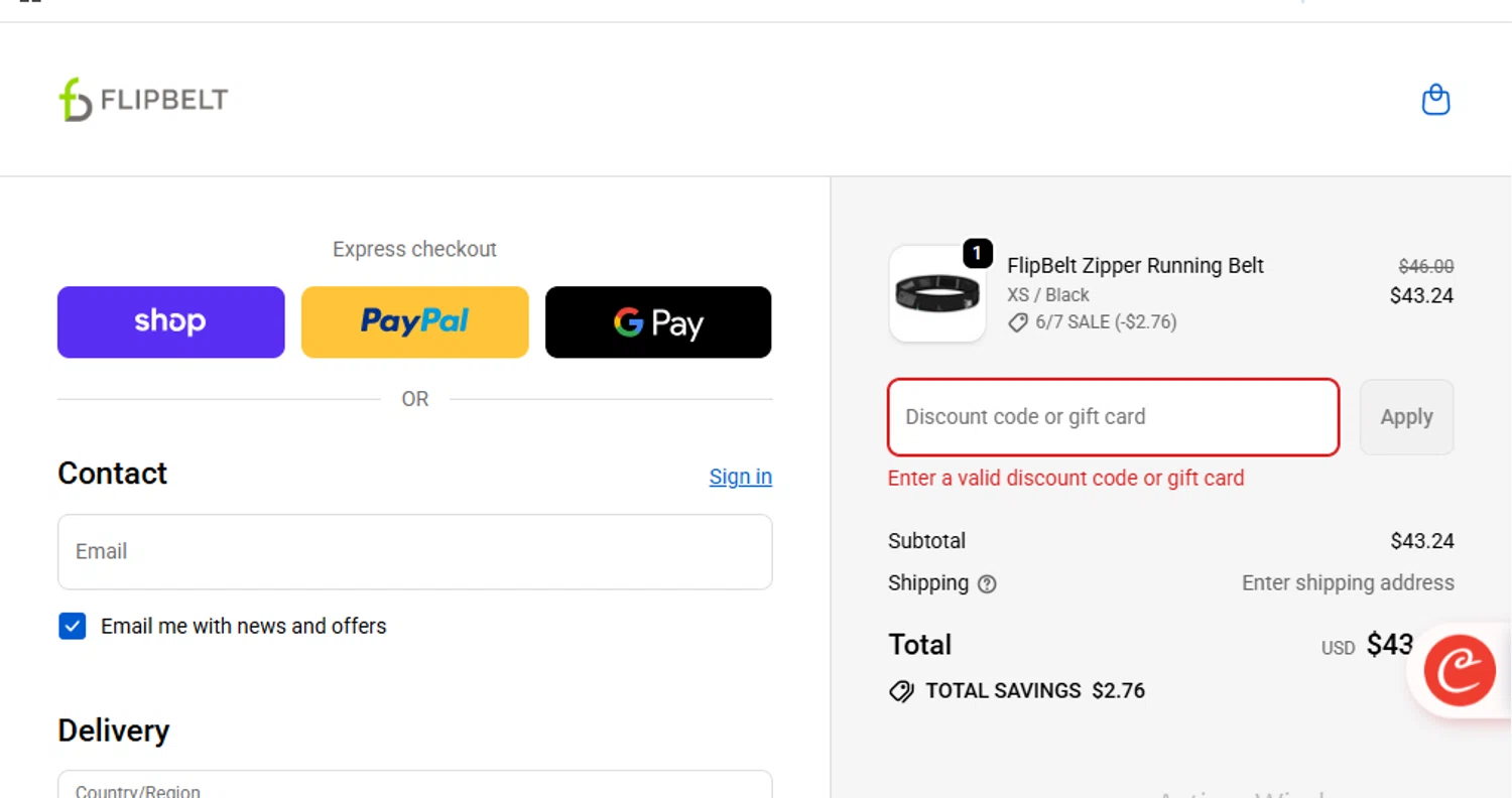 FlipBelt promo code screenshot showing code IYKYK applied at FlipBelt checkout page. Uploaded by SimplyCodes community member cachetegomez on Nov 6, 2025
