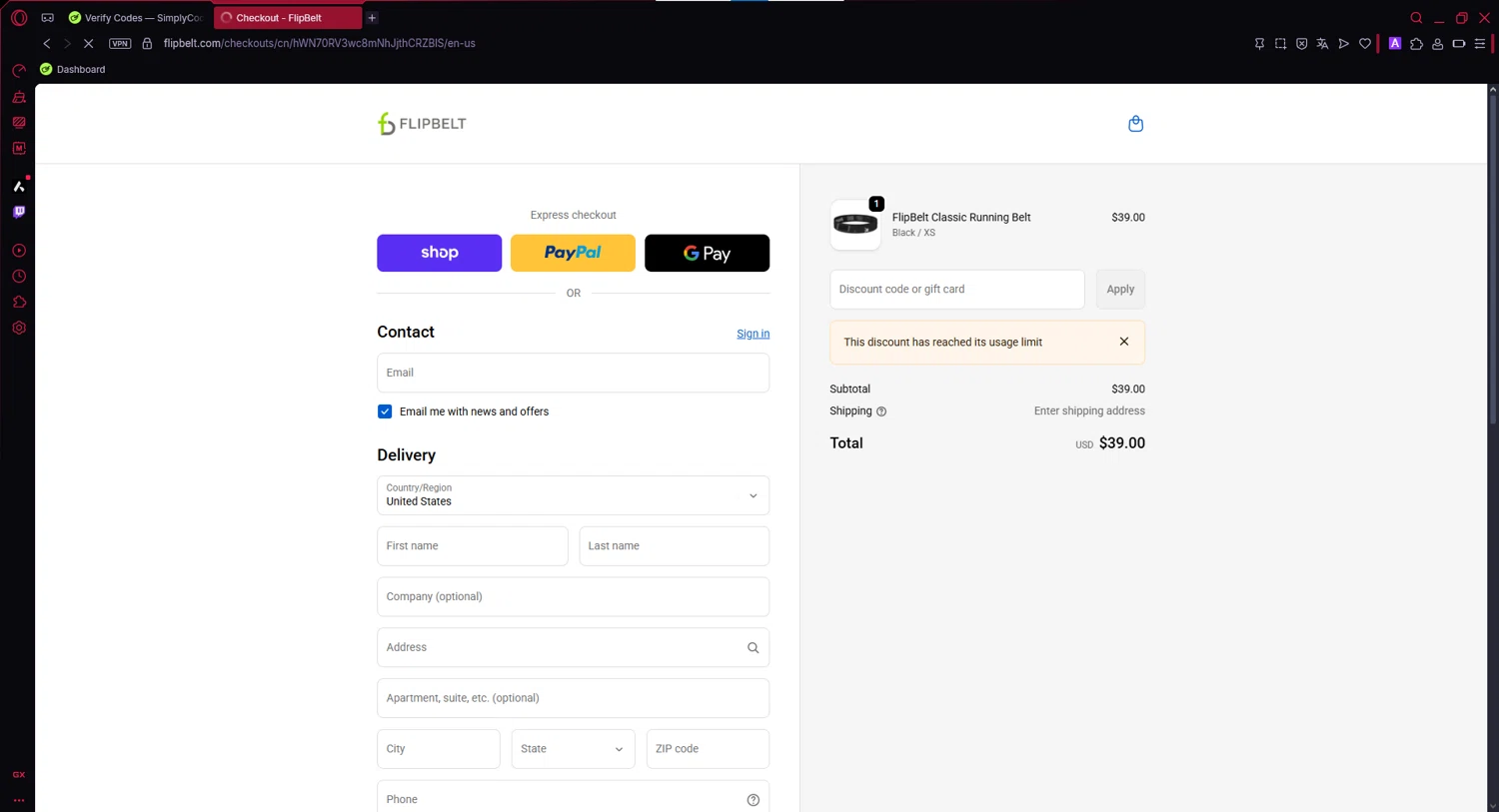 FlipBelt promo code screenshot showing code MERRY20 applied at FlipBelt checkout page. Uploaded by SimplyCodes community member MoneyKnight5311 on Dec 29, 2025