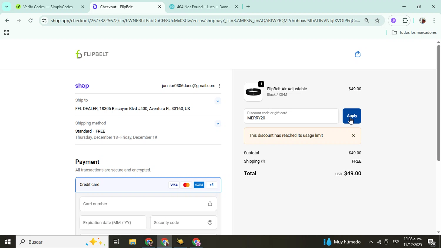 FlipBelt promo code screenshot showing code MERRY20 applied at FlipBelt checkout page. Uploaded by SimplyCodes community member Mujerdejunnior on Dec 15, 2025