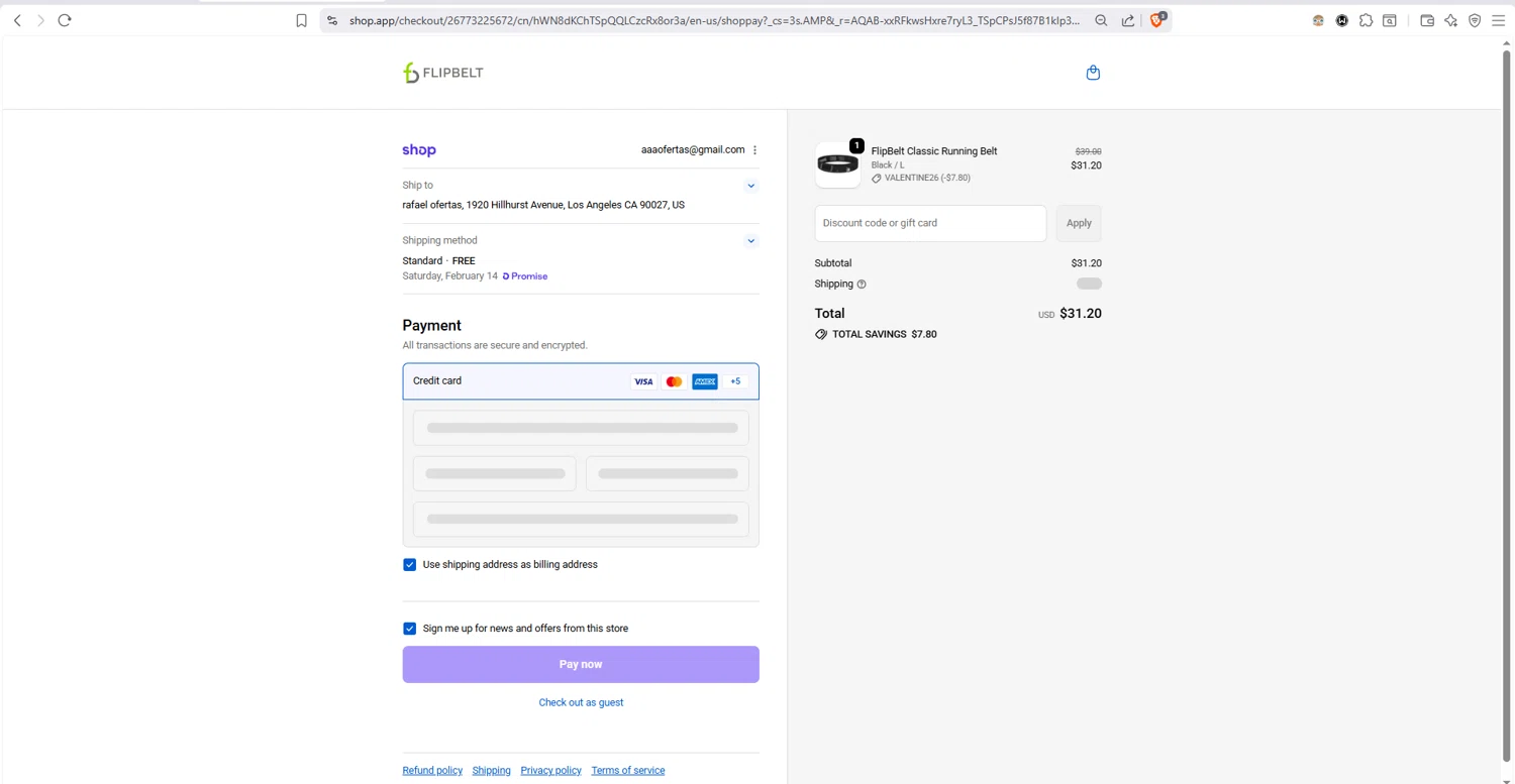 FlipBelt checkout page showing FlipBelt promo code box | Screenshot taken by SimplyCodes community member on Feb 10, 2026