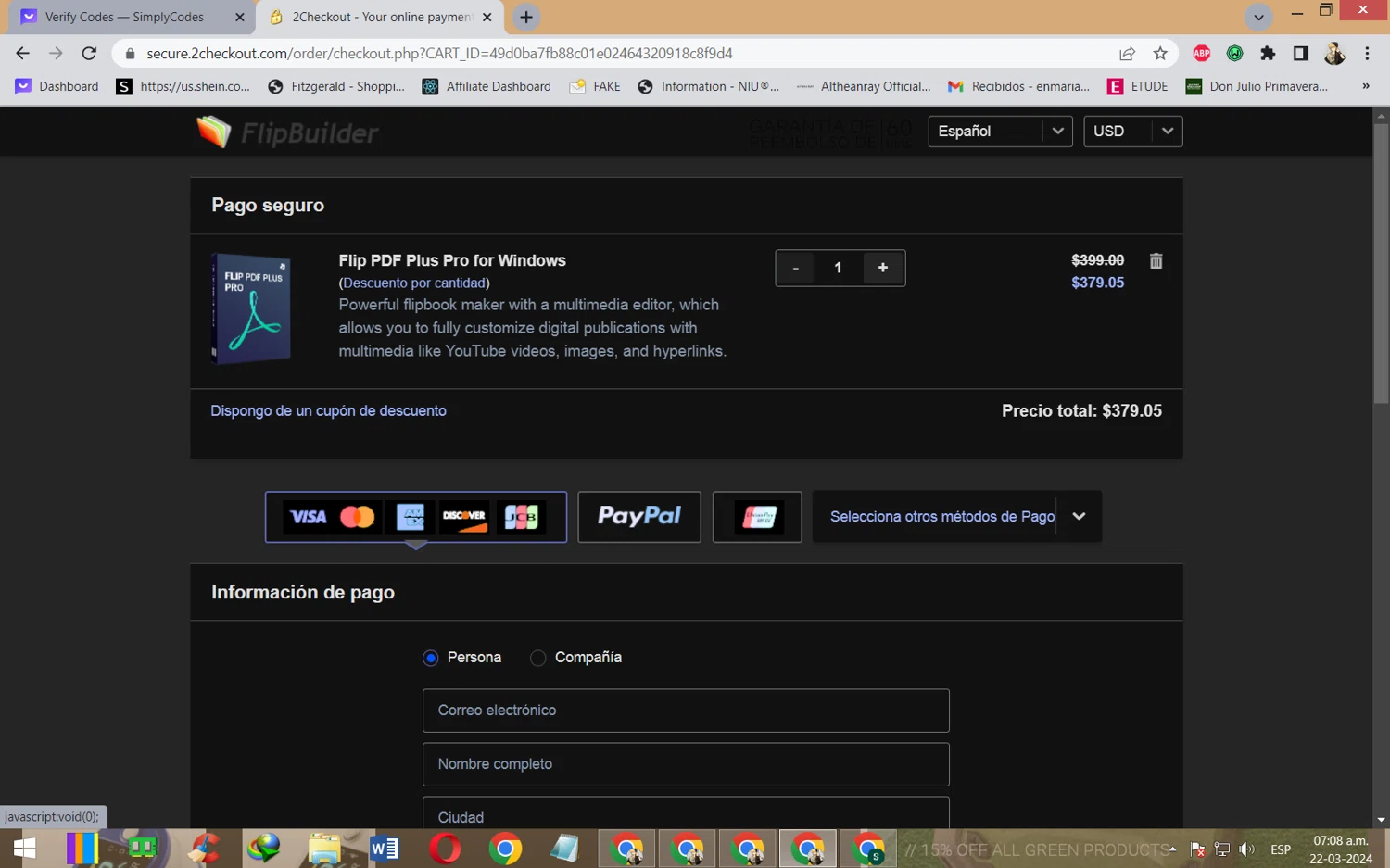 FlipBuilder checkout page showing FlipBuilder coupon code box | Screenshot taken by SimplyCodes community member on Mar 22, 2024