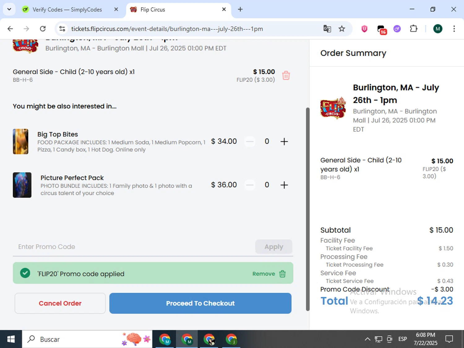 Flip Circus checkout page showing Flip Circus promo code box | Screenshot taken by SimplyCodes community member on Jul 22, 2025
