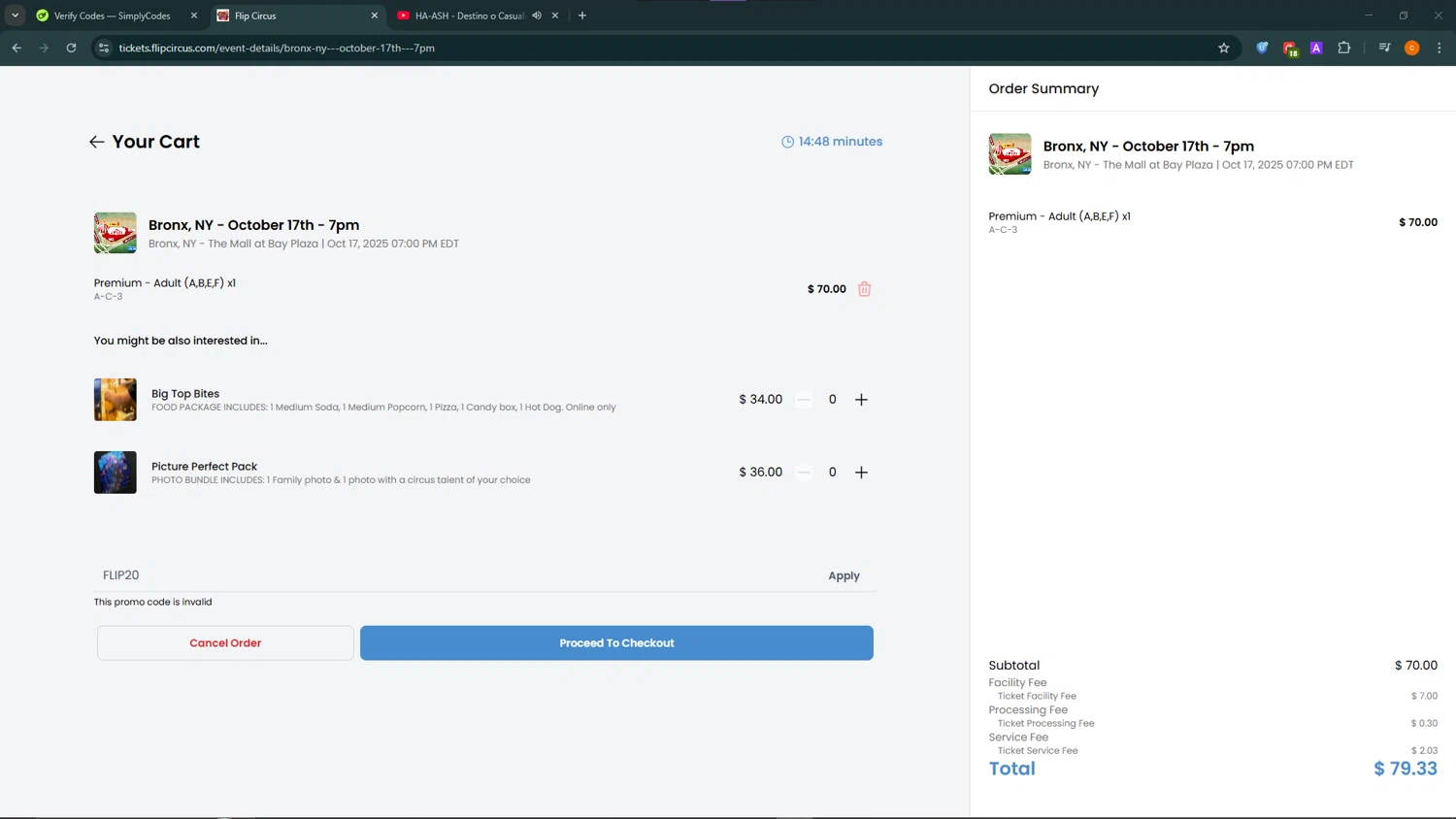Flip Circus promo code screenshot showing code FLIP20 applied at Flip Circus checkout page. Uploaded by SimplyCodes community member ShrewdCaptain9911 on Oct 7, 2025