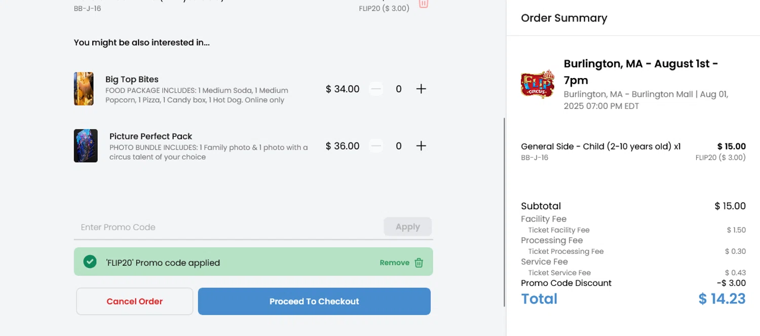 Flip Circus checkout page showing Flip Circus promo code box | Screenshot taken by SimplyCodes community member on Aug 1, 2025