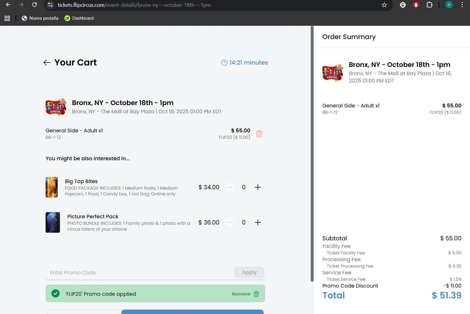 Flip Circus promo code screenshot showing code FLIP20 applied at Flip Circus checkout page. Uploaded by SimplyCodes community member lizimerz on Oct 7, 2025