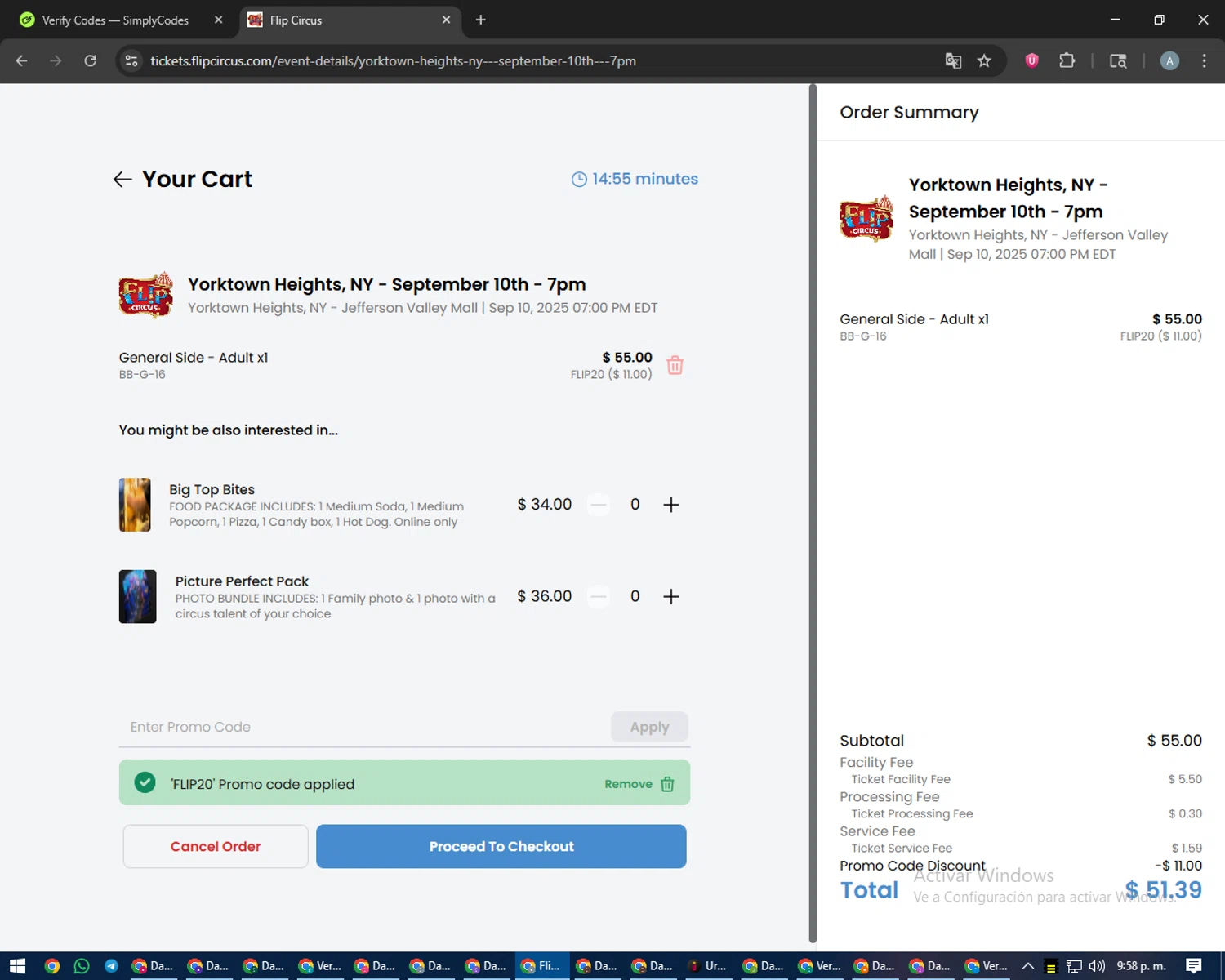 Flip Circus checkout page showing Flip Circus promo code box | Screenshot taken by SimplyCodes community member on Sep 9, 2025