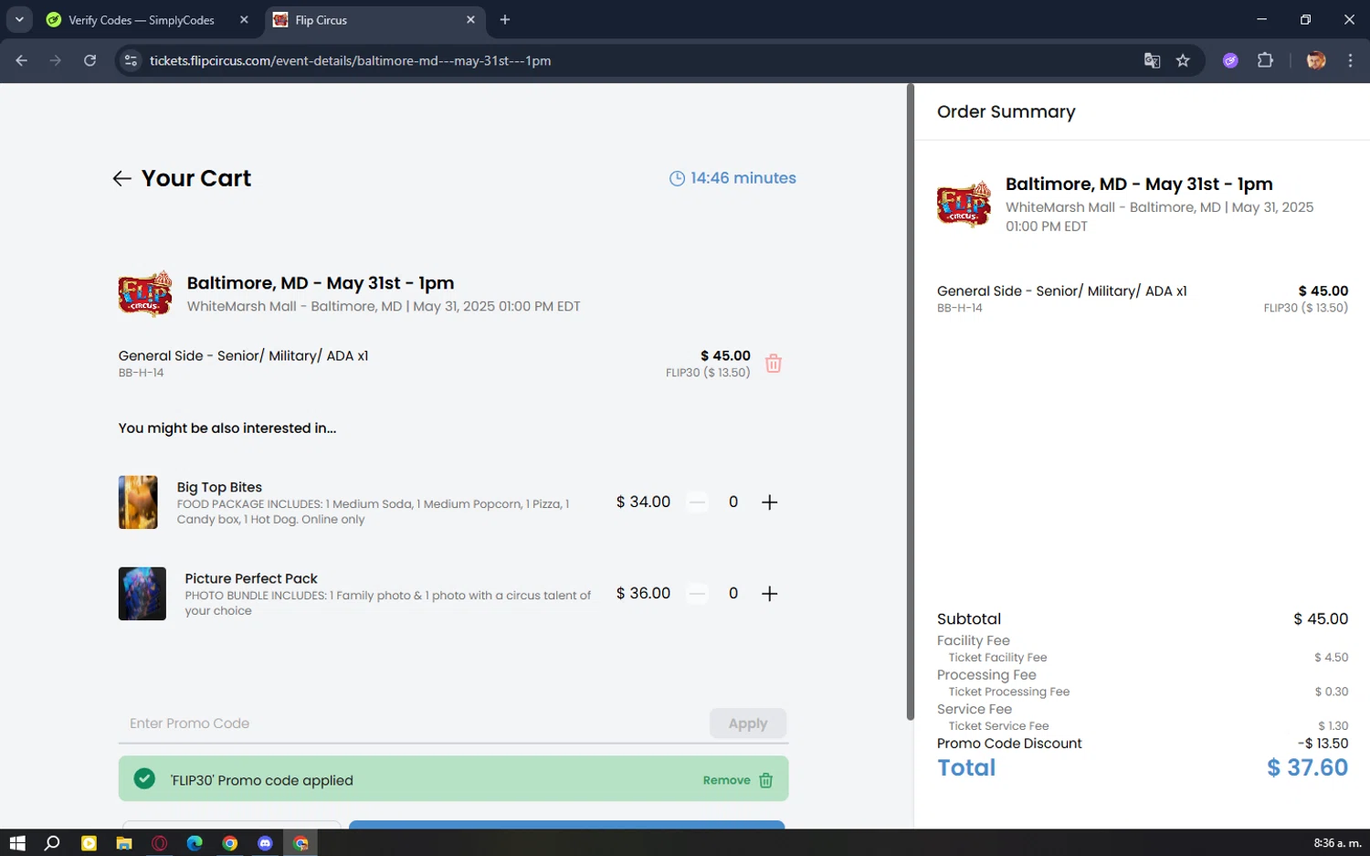 Flip Circus promo code screenshot showing code FLIP30 applied at Flip Circus checkout page. Uploaded by SimplyCodes community member ElAuronPlay on May 31, 2025