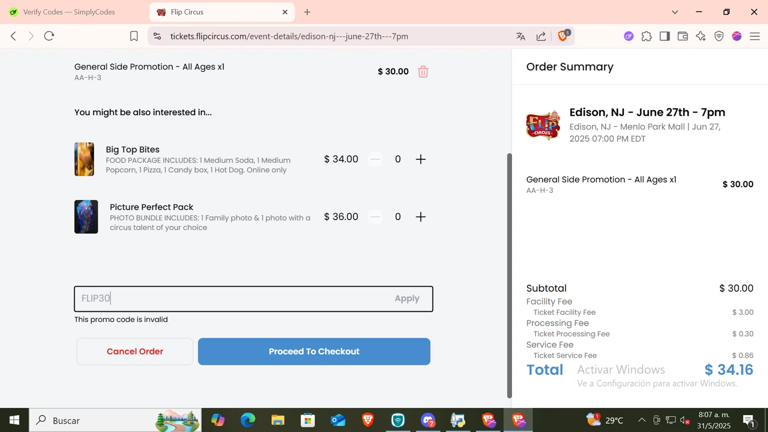 Flip Circus promo code screenshot showing code FLIP30 applied at Flip Circus checkout page. Uploaded by SimplyCodes community member CODMOBILE1 on May 31, 2025