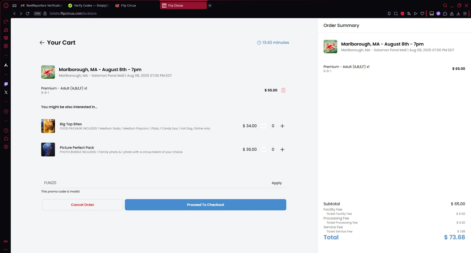 Flip Circus promo code screenshot showing code FUN20 applied at Flip Circus checkout page. Uploaded by SimplyCodes community member Veigarwaton on Jul 23, 2025