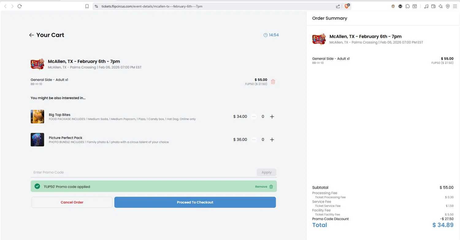 Flip Circus checkout page showing Flip Circus promo code box | Screenshot taken by SimplyCodes community member on Jan 29, 2026