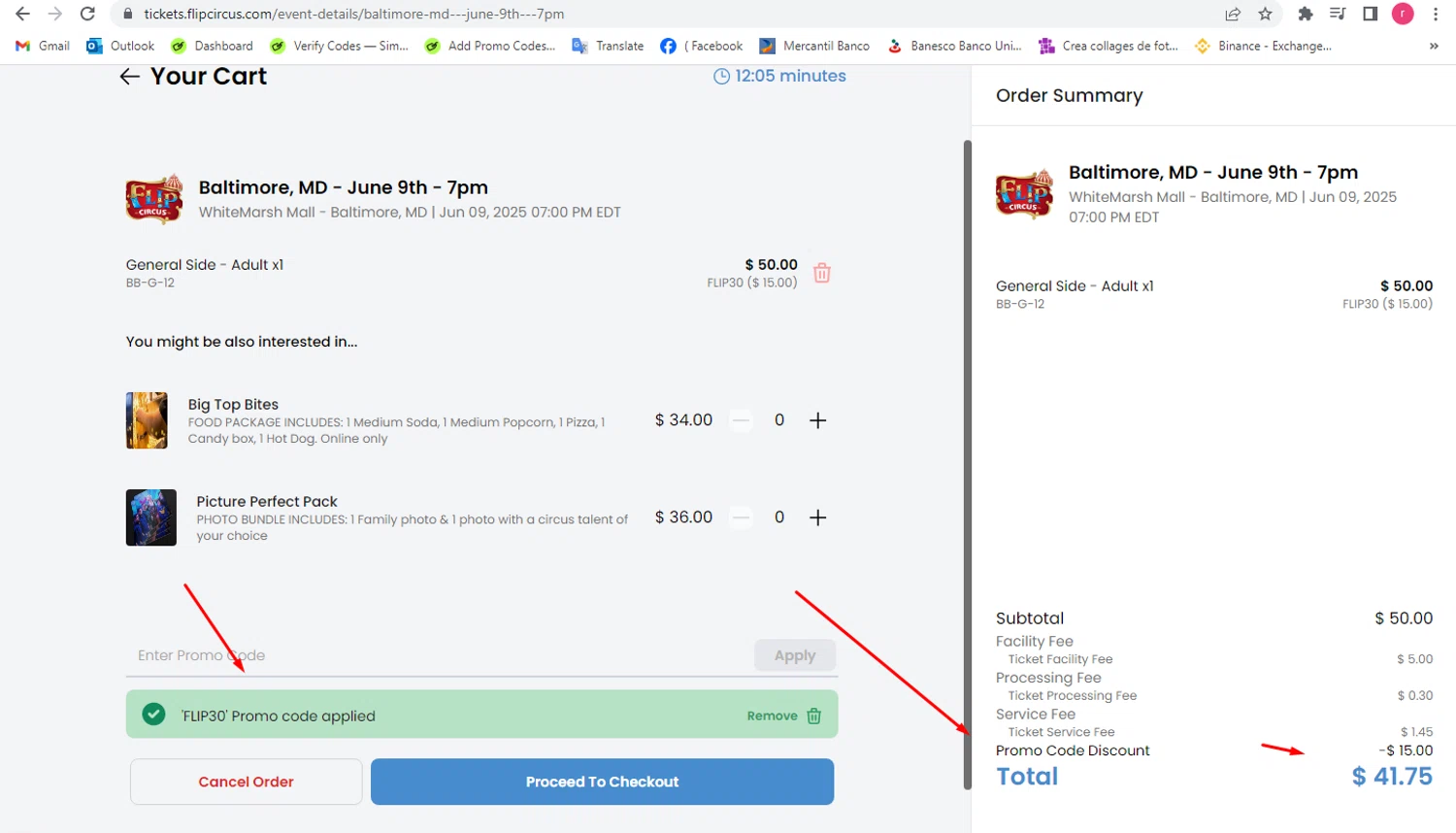 Flip Circus promo code screenshot showing code FLIP30 applied at Flip Circus checkout page. Uploaded by SimplyCodes community member yeresojperez on Jun 9, 2025