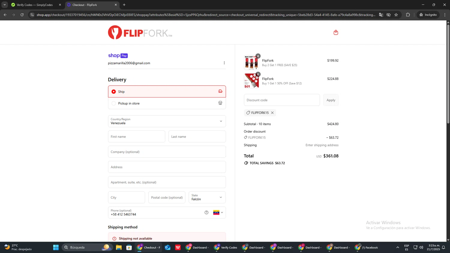 FlipFork discount code screenshot showing code FLIPFORK15 applied at FlipFork checkout page. Uploaded by SimplyCodes community member AVAMUSTANG on Jul 21, 2025