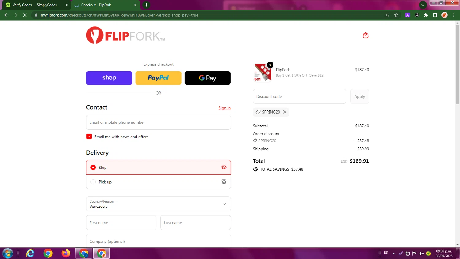 FlipFork discount code screenshot showing code SPRING20 applied at FlipFork checkout page. Uploaded by SimplyCodes community member LegendaryBoss7060 on Oct 1, 2025
