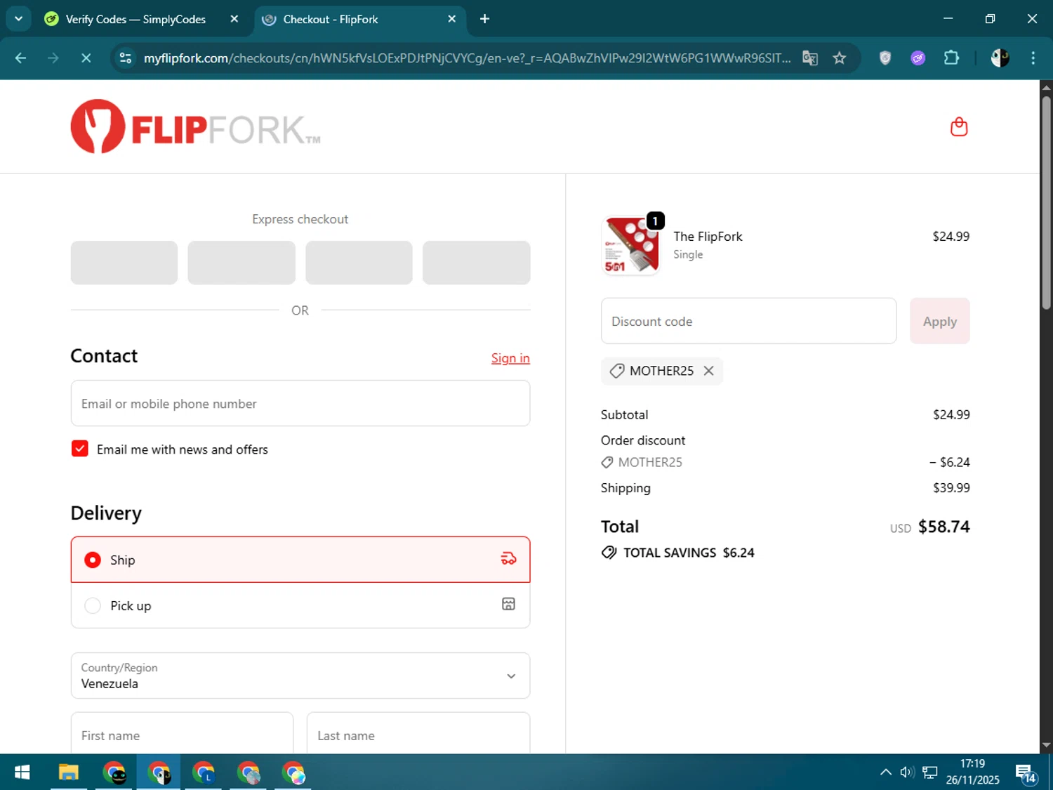 FlipFork discount code screenshot showing code MOTHER25 applied at FlipFork checkout page. Uploaded by SimplyCodes community member CleverSage9163 on Nov 26, 2025
