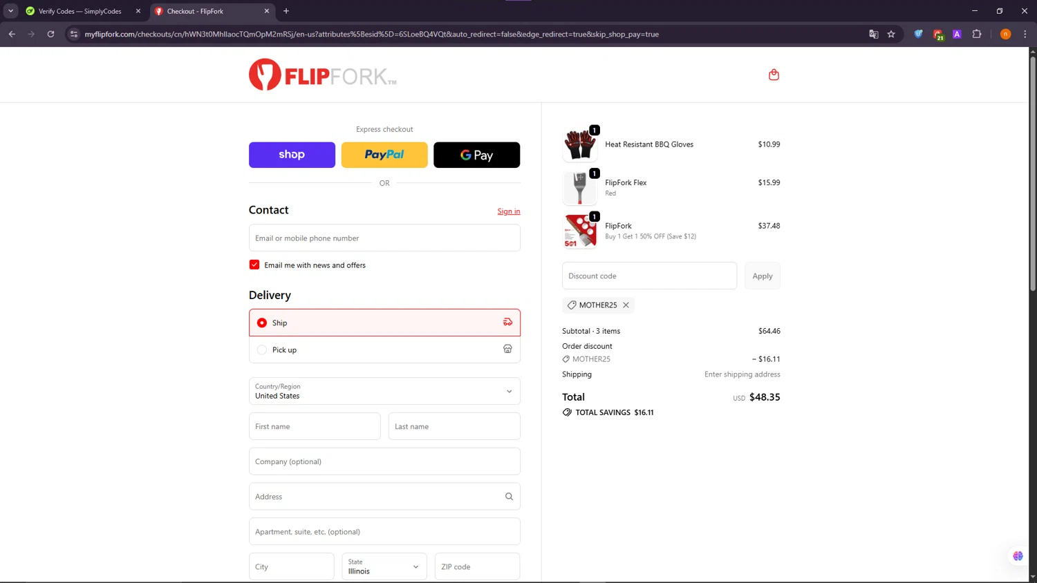 FlipFork discount code screenshot showing code MOTHER25 applied at FlipFork checkout page. Uploaded by SimplyCodes community member NobleScholar188 on Oct 8, 2025