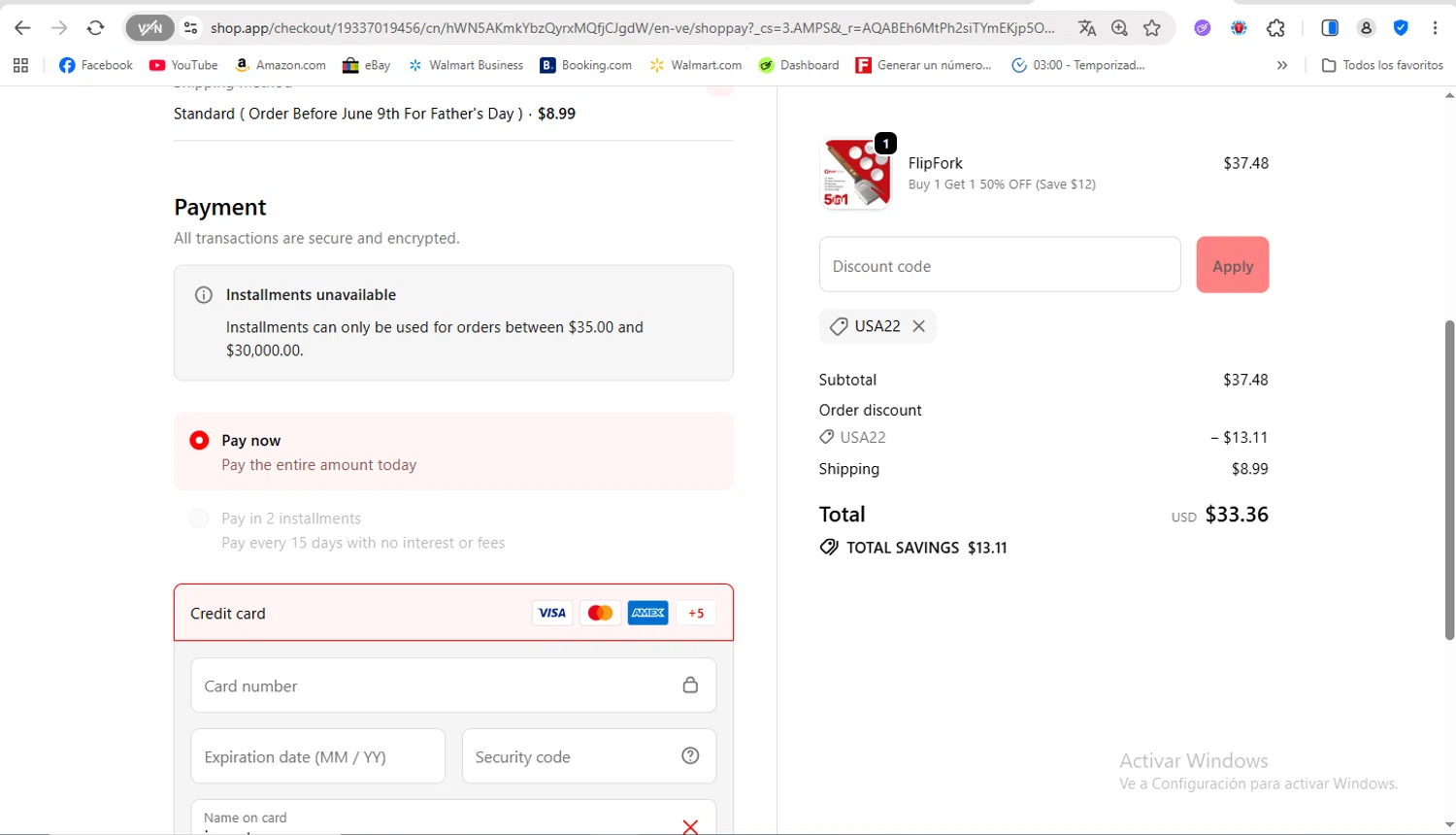 FlipFork discount code screenshot showing code USA22 applied at FlipFork checkout page. Uploaded by SimplyCodes community member FrancyB on Nov 11, 2025