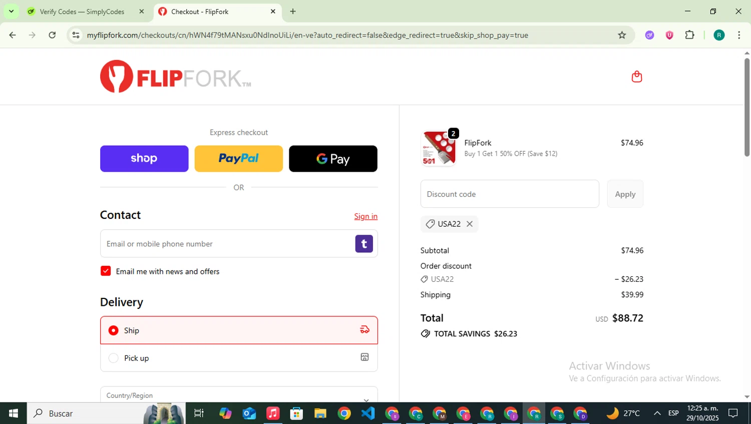 FlipFork discount code screenshot showing code USA22 applied at FlipFork checkout page. Uploaded by SimplyCodes community member SavingsLegend387 on Oct 29, 2025