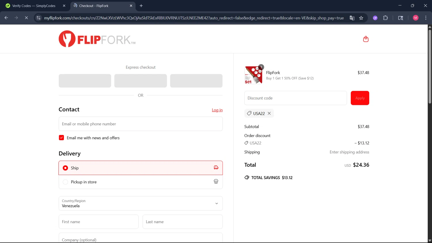 FlipFork discount code screenshot showing code USA22 applied at FlipFork checkout page. Uploaded by SimplyCodes community member ValueCollector4159 on Jun 3, 2025