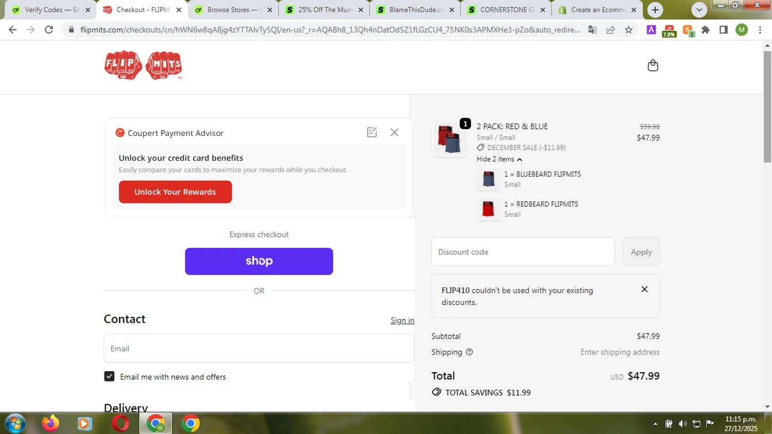 flipmits promo code screenshot showing code FLIP410 applied at flipmits checkout page. Uploaded by SimplyCodes community member Diosprovee on Dec 28, 2025