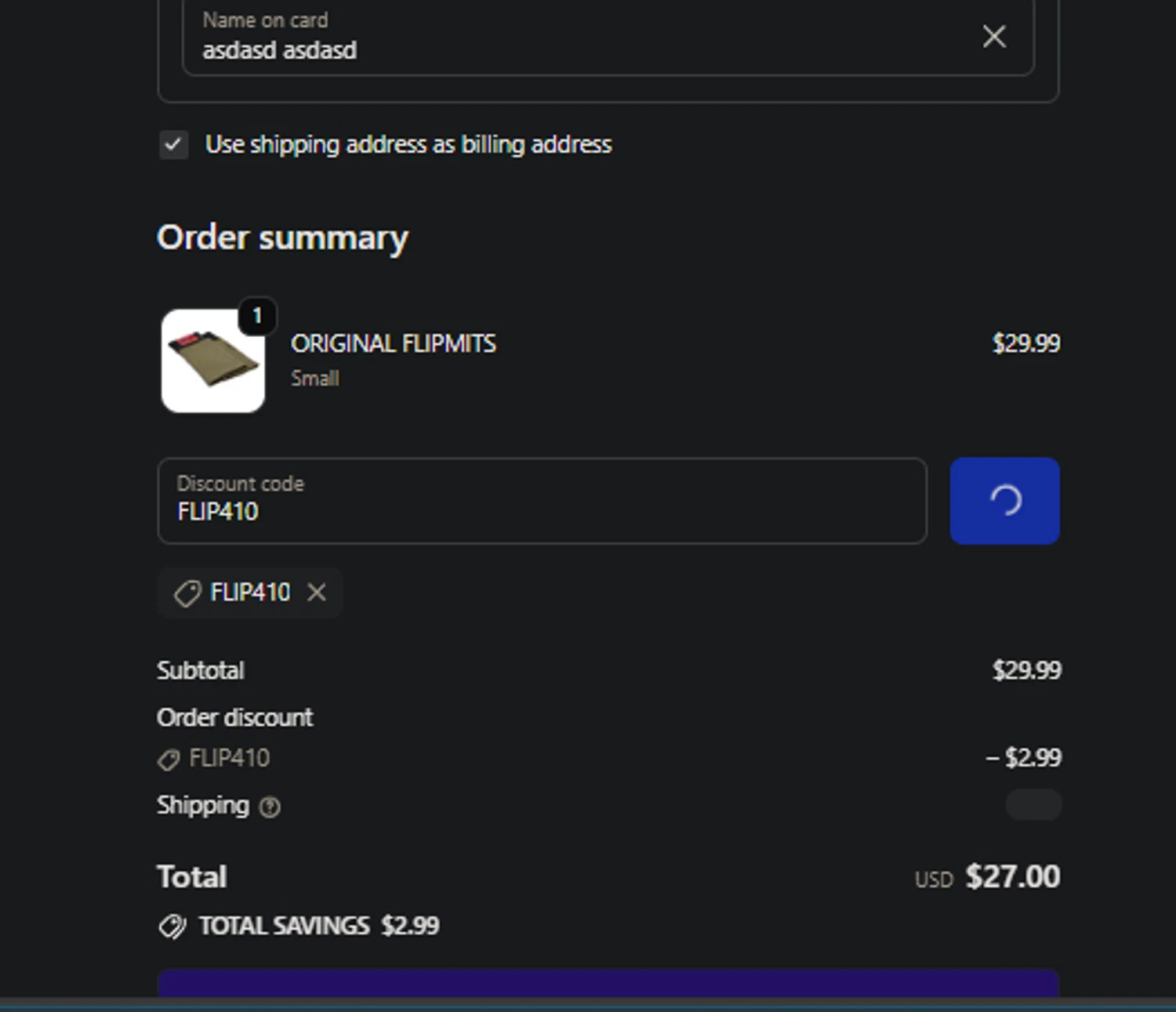 flipmits promo code screenshot showing code FLIP410 applied at flipmits checkout page. Uploaded by SimplyCodes community member PedroNavaja on Oct 2, 2025