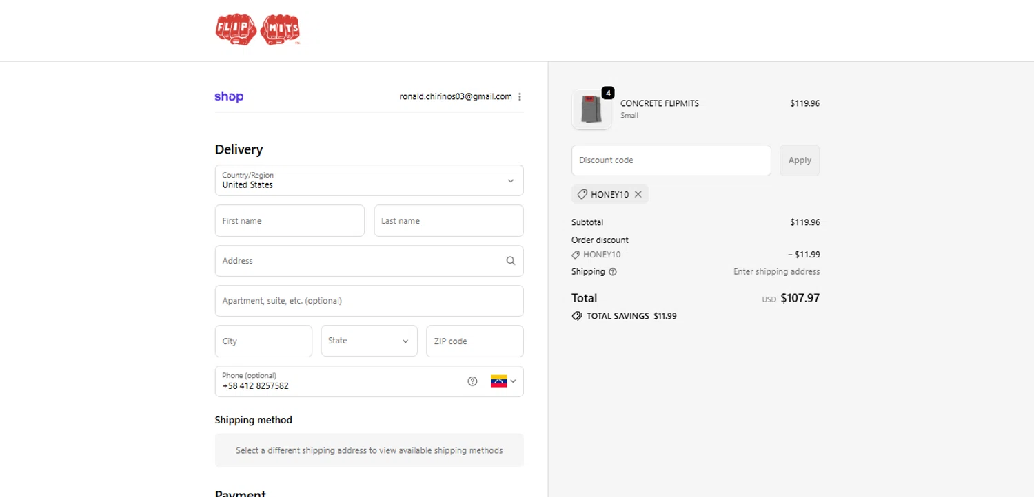 flipmits promo code screenshot showing code honey10 applied at flipmits checkout page. Uploaded by SimplyCodes community member GoldAce6962 on Nov 1, 2025