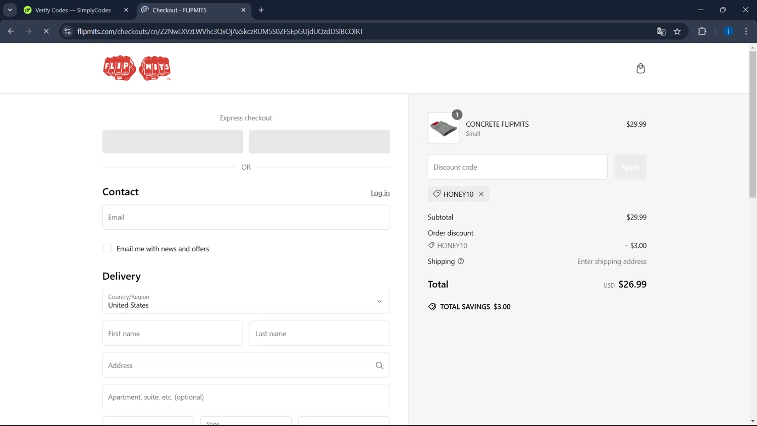 flipmits promo code screenshot showing code honey10 applied at flipmits checkout page. Uploaded by SimplyCodes community member CodeSaver4373 on Dec 27, 2024