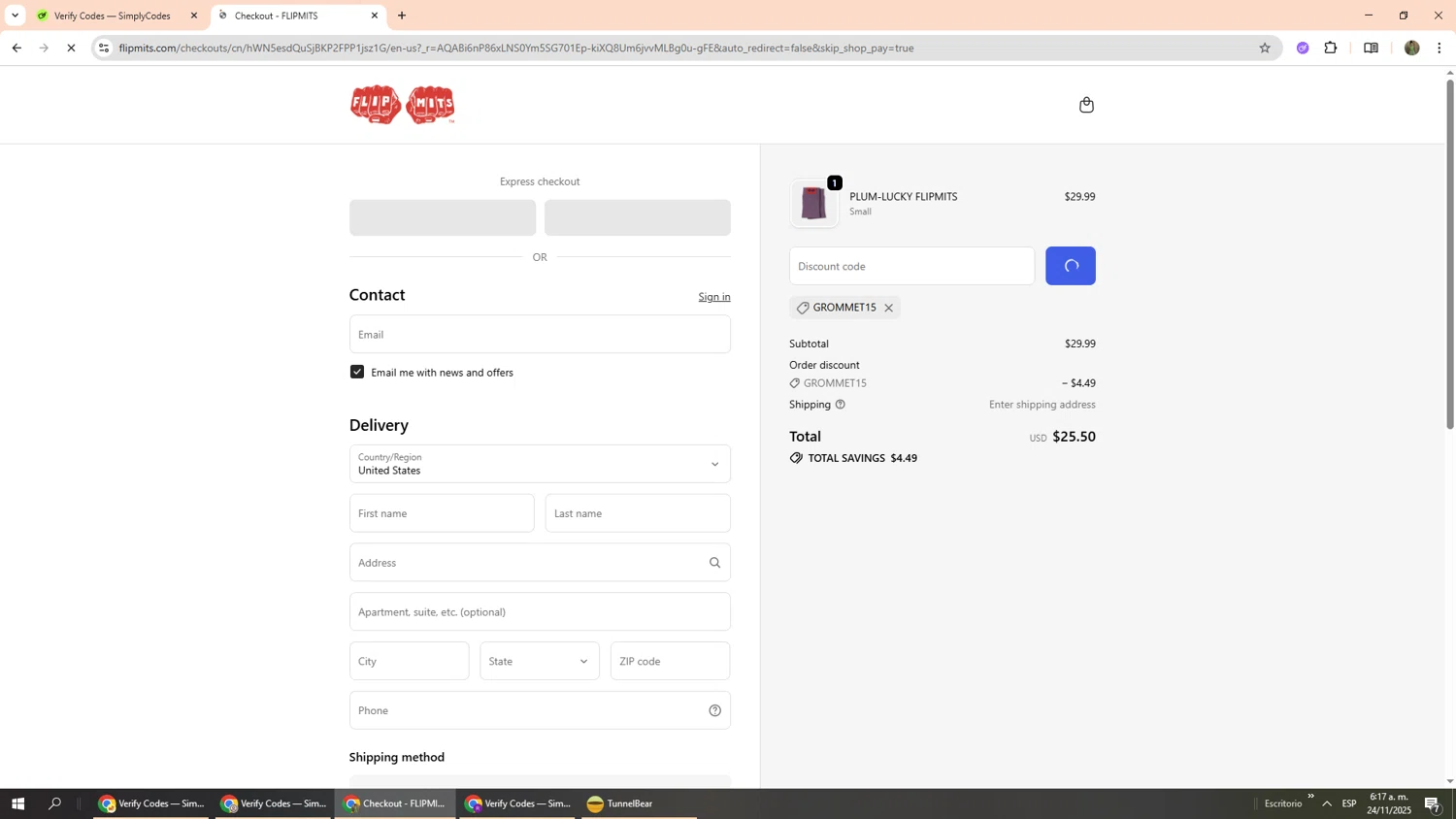 flipmits promo code screenshot showing code Grommet15 applied at flipmits checkout page. Uploaded by SimplyCodes community member Phoenix585 on Nov 24, 2025