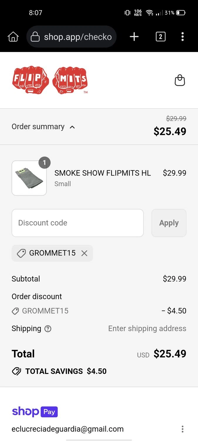 flipmits promo code screenshot showing code Grommet15 applied at flipmits checkout page. Uploaded by SimplyCodes community member Wonderwoman82 on Jul 14, 2025