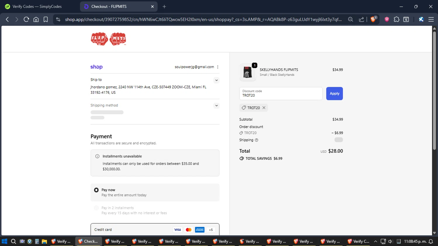 flipmits promo code screenshot showing code TROT20 applied at flipmits checkout page. Uploaded by SimplyCodes community member verifier_983798000 on Dec 28, 2025