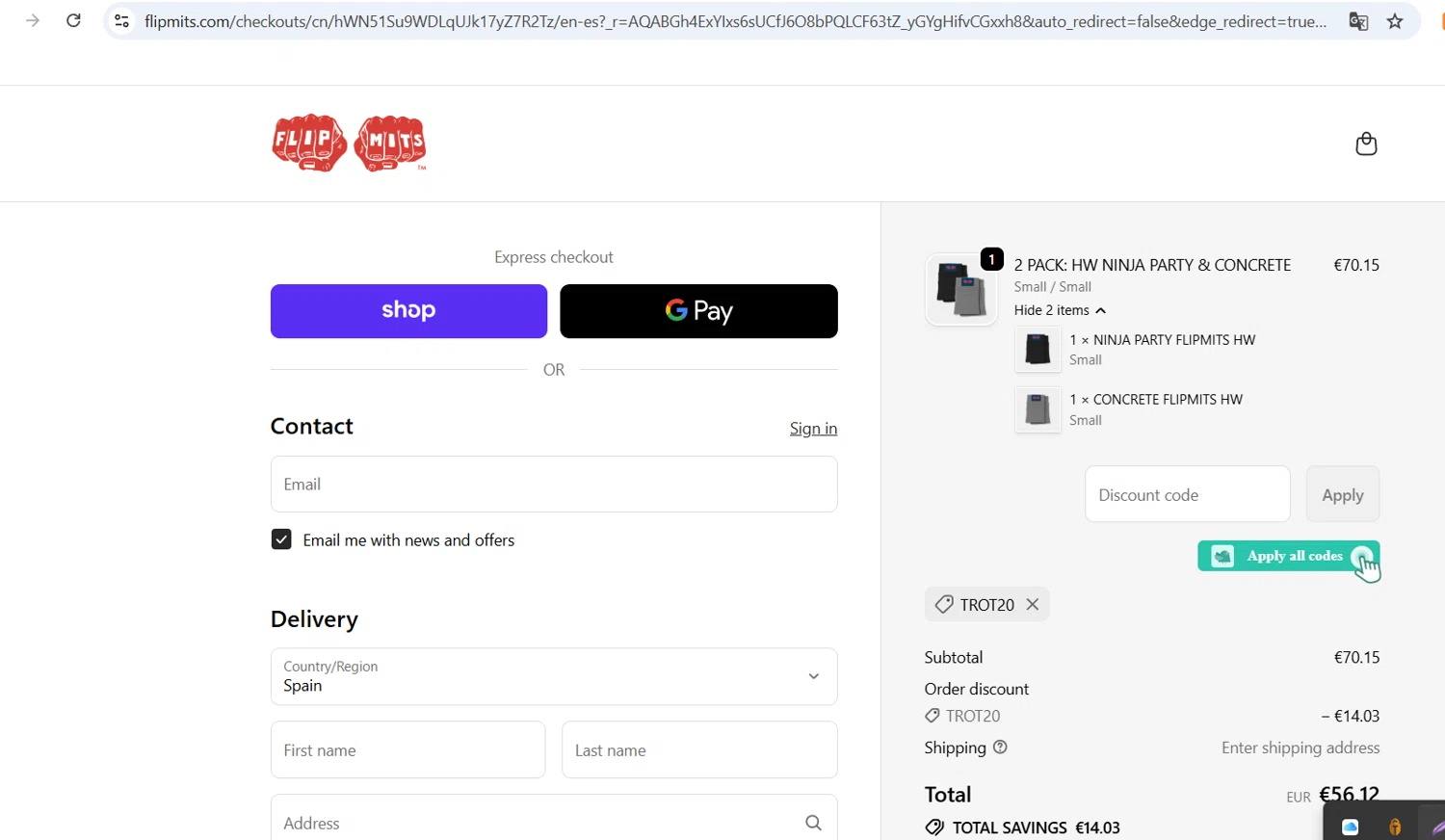 flipmits promo code screenshot showing code TROT20 applied at flipmits checkout page. Uploaded by SimplyCodes community member Juancho96 on Nov 7, 2025
